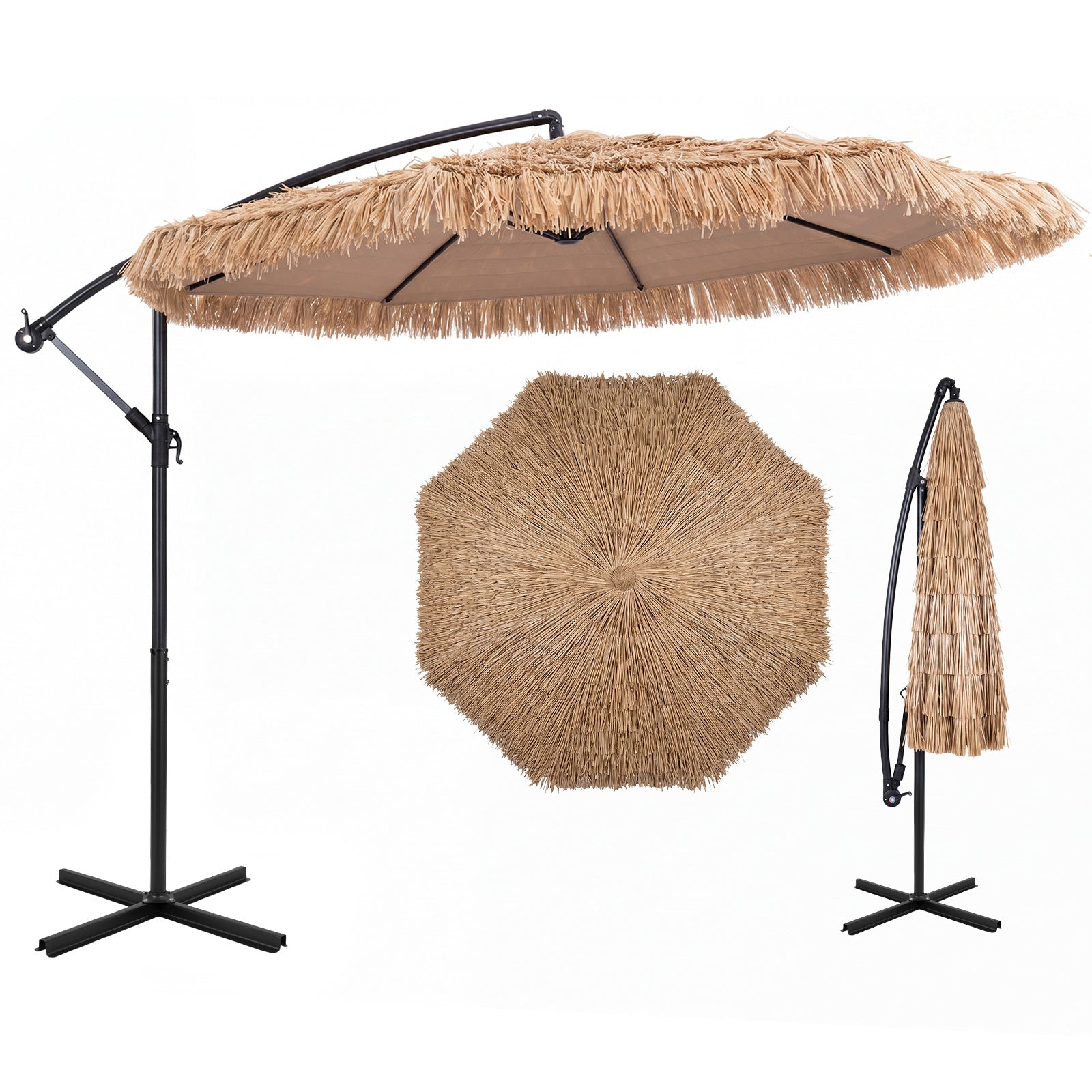 Costway Hawaii-parasol Ø 291 cm met PE-strooien Dak Kruisvoet Metalen Frame en Slinger