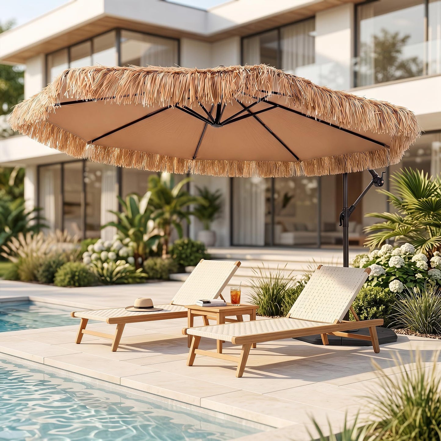 Costway Hawaii-parasol Ø 291 cm met PE-strooien Dak Kruisvoet Metalen Frame en Slinger