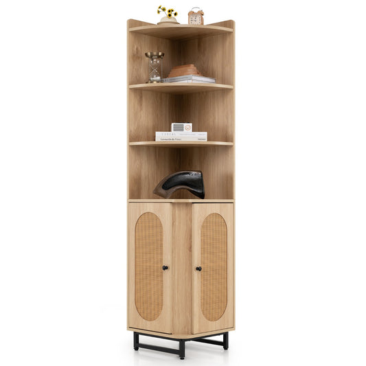 Costway Hoek Boekenkast van PE-Rotan 172 cm Hoge Kast met 2 Deuren en 4 Open Planken Ruimtebesparende Boekenkast in Boho-Stijl Hoekrek