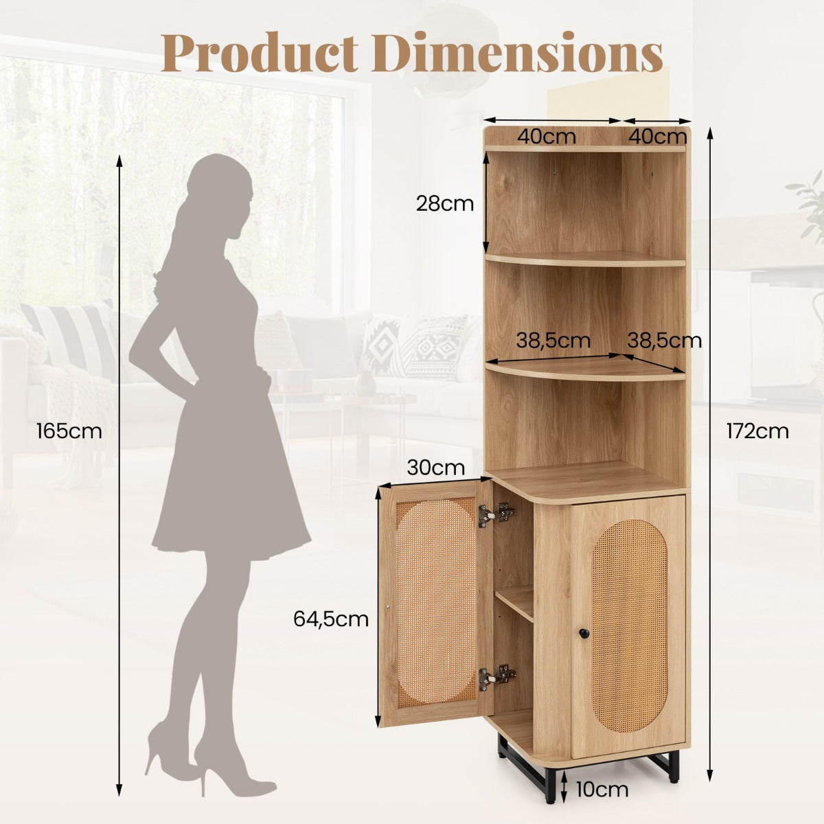 Costway Hoek Boekenkast van PE-Rotan 172 cm Hoge Kast met 2 Deuren en 4 Open Planken Ruimtebesparende Boekenkast in Boho-Stijl Hoekrek