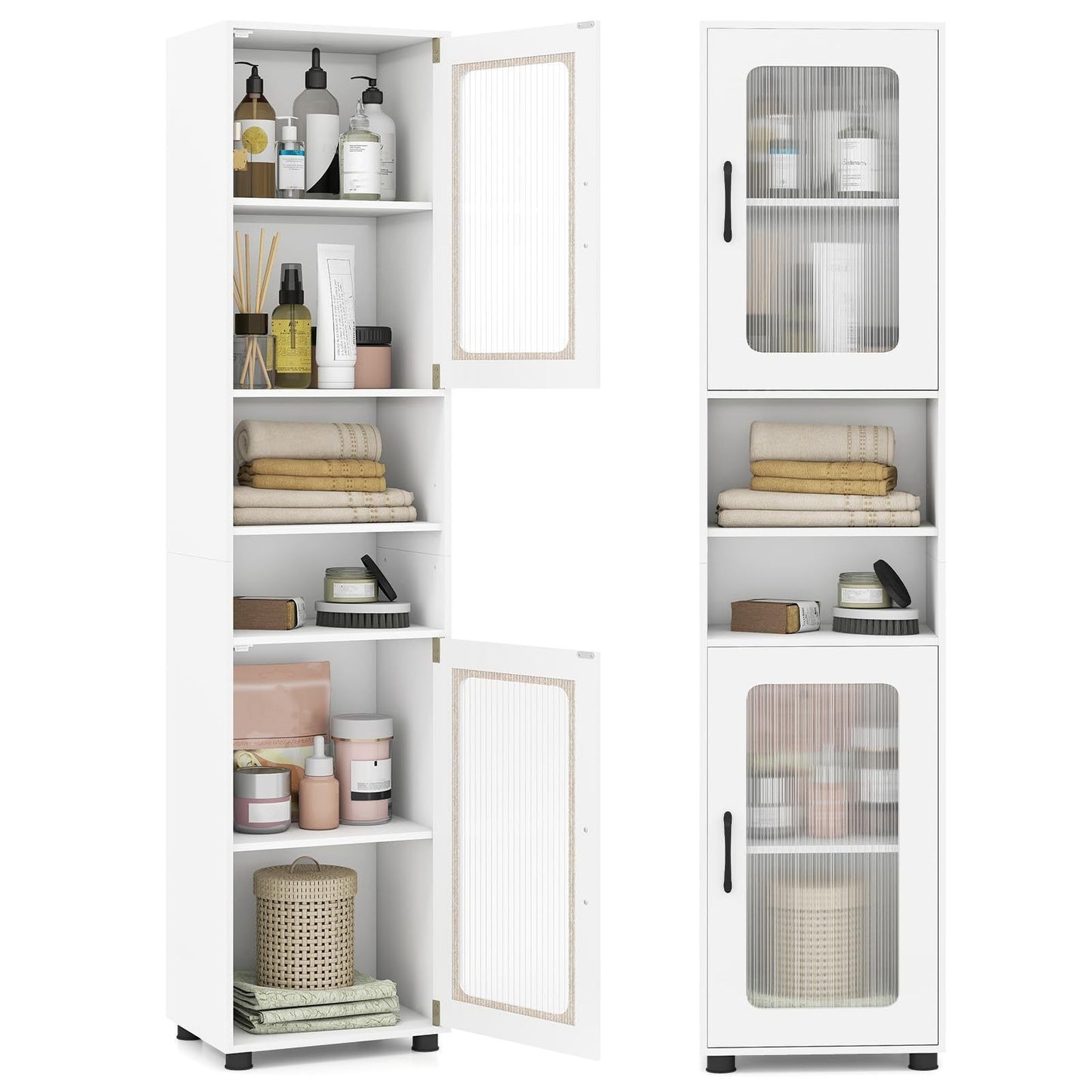 Costway Hoge Badkamerkast met 2 Transparante Glazen Deuren en Verstelbare Planken 40 x 30 x 170 cm Wit