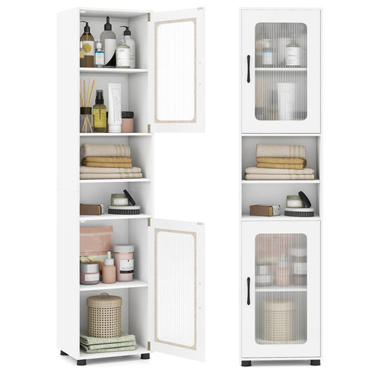 Costway Hoge Badkamerkast met 2 Transparante Glazen Deuren en Verstelbare Planken 40 x 30 x 170 cm Wit