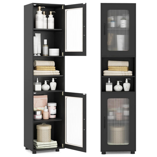 Costway Hoge Badkamerkast met 2 Transparante Glazen Deuren en Verstelbare Planken 40 x 30 x 170 cm Zwart