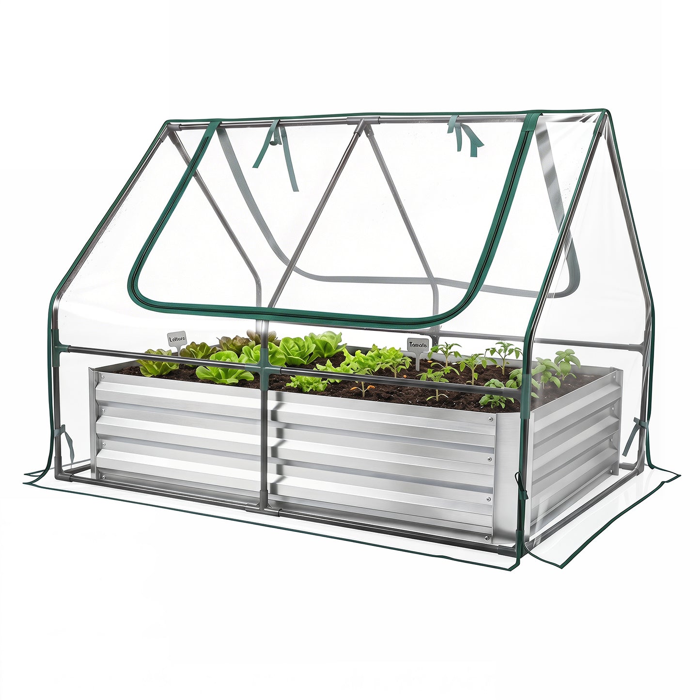 Costway Hoge Bed met Kas Plantenbak van Verzinkt Metaal met 2 Oprolbare Ramen met Rits 127x97x93cm