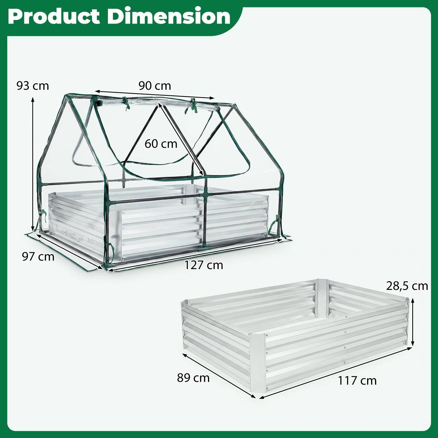 Costway Hoge Bed met Kas Plantenbak van Verzinkt Metaal met 2 Oprolbare Ramen met Rits 127x97x93cm