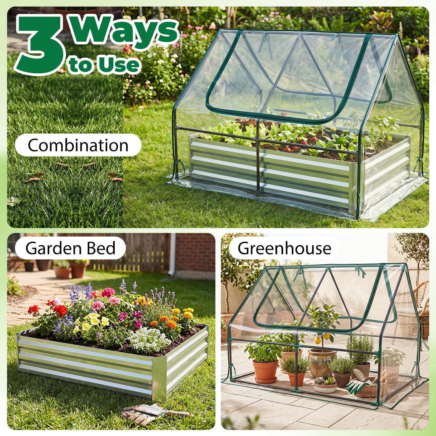 Costway Hoge Bed met Kas Plantenbak van Verzinkt Metaal met 2 Oprolbare Ramen met Rits 127x97x93cm