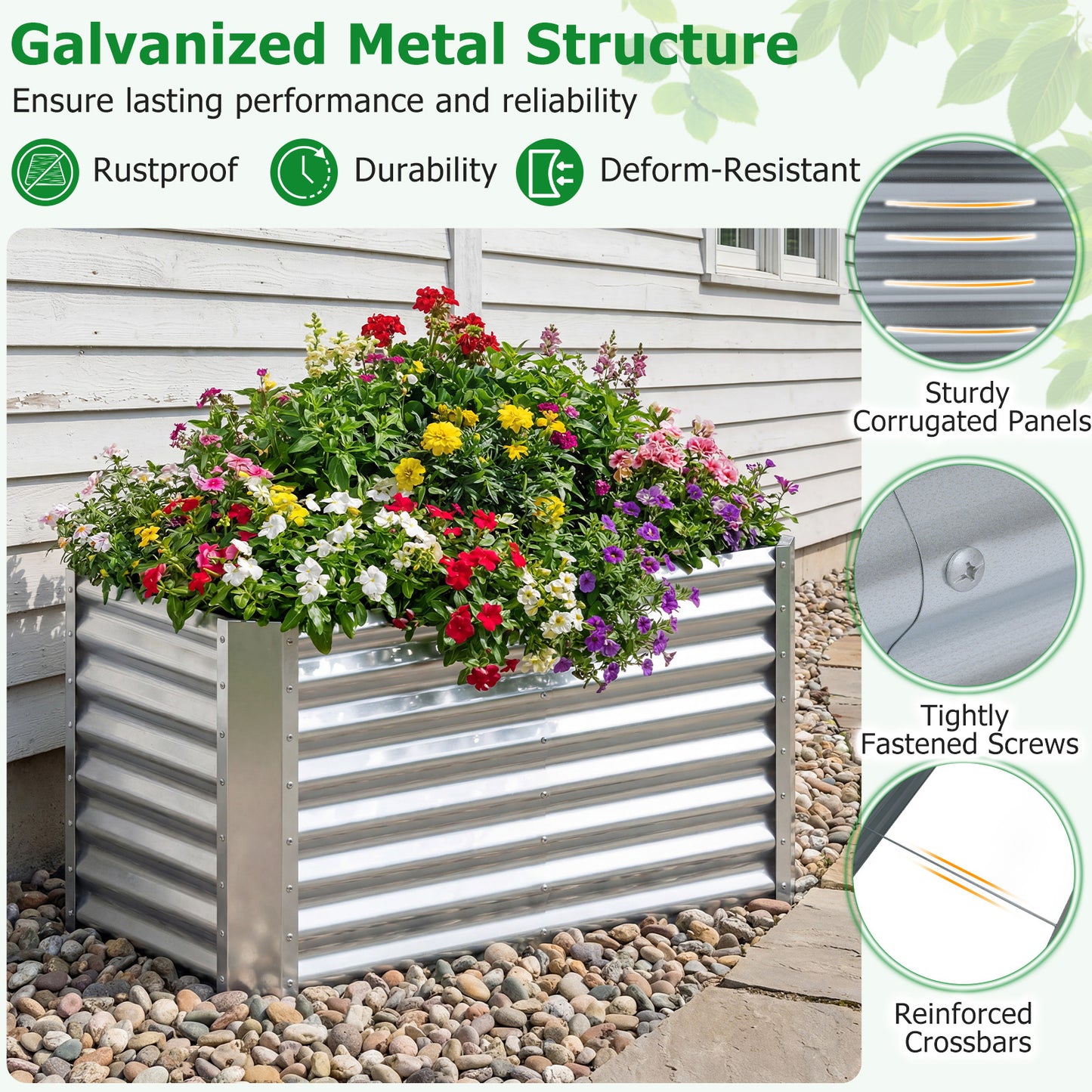 Costway Hoge Bed Metalen Rechthoekige Plantenbak van Gegalvaniseerd Plaatstaal met Open Bodem Plantenbak 119,5 x 61,5 x 60,5 cm