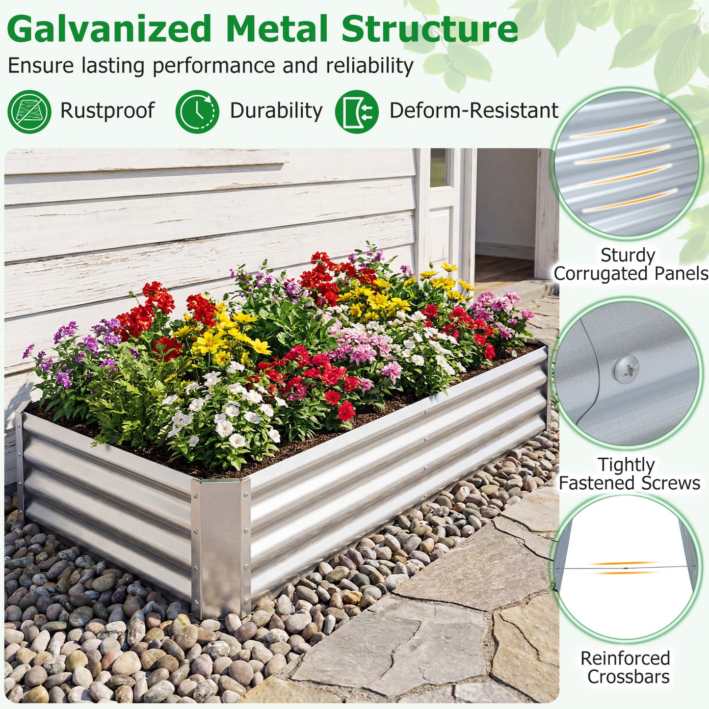Costway Hoge Bed Metalen Rechthoekige Plantenbak van Gegalvaniseerd Plaatstaal met Open Bodem Plantenbak 179,5 x 92 x 29,5 cm