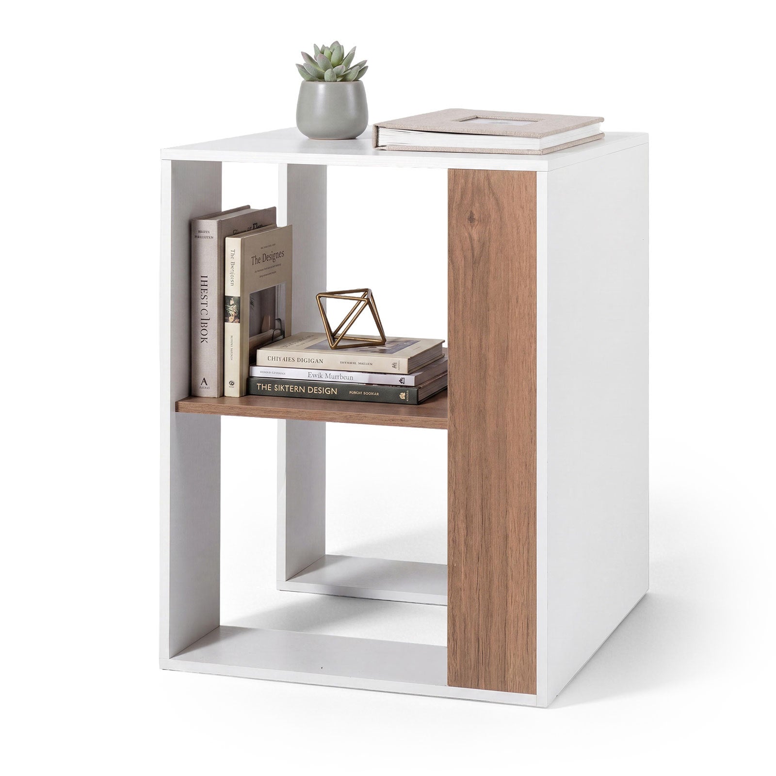 Costway Houten Bijzettafel Vierkante Nachttafel met 2 Niveaus Salontafel met Opbergruimte Moderne Salontafel 45 x 45 x 60 cm Wit