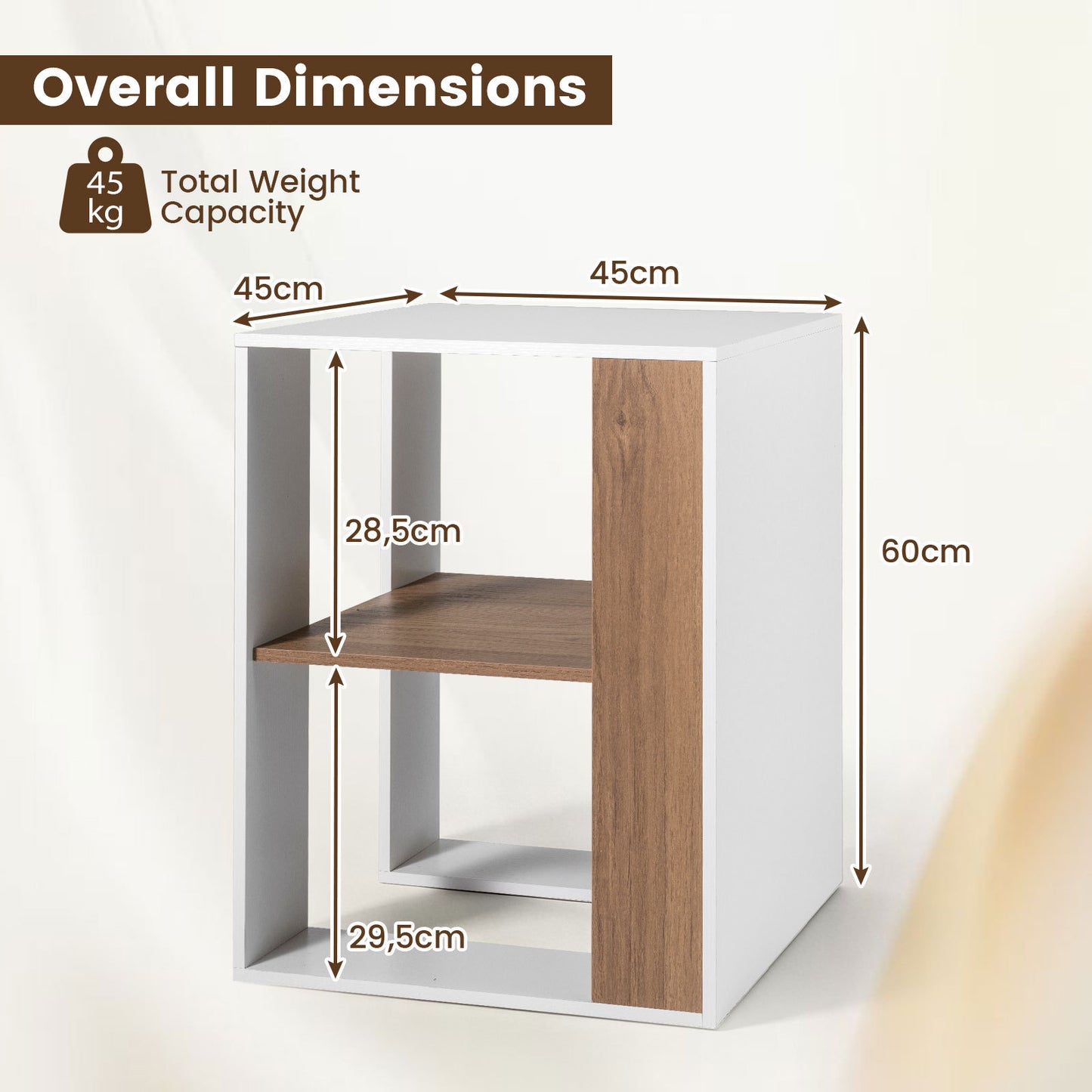 Costway Houten Bijzettafel Vierkante Nachttafel met 2 Niveaus Salontafel met Opbergruimte Moderne Salontafel 45 x 45 x 60 cm Wit