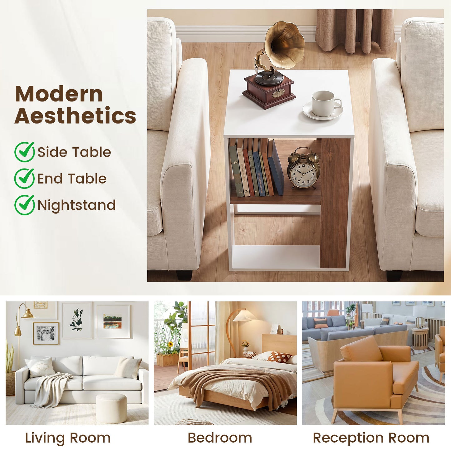 Costway Houten Bijzettafel Vierkante Nachttafel met 2 Niveaus Salontafel met Opbergruimte Moderne Salontafel 45 x 45 x 60 cm Wit