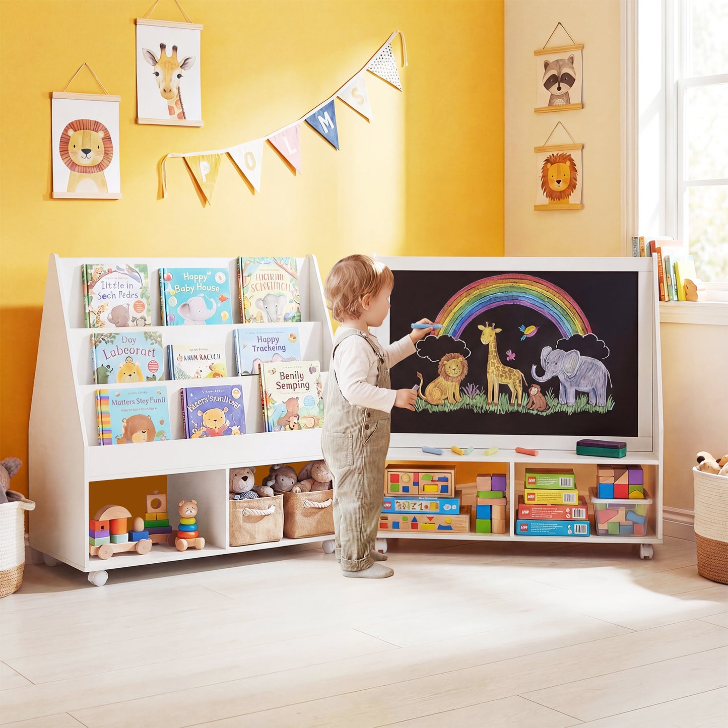 Costway Houten Kinderboekenkast met Wielen en Krijtbord Speelgoedrek met 3 Planken en 2 Vakken Opbergkast 90 x 45,5 x 87 cm