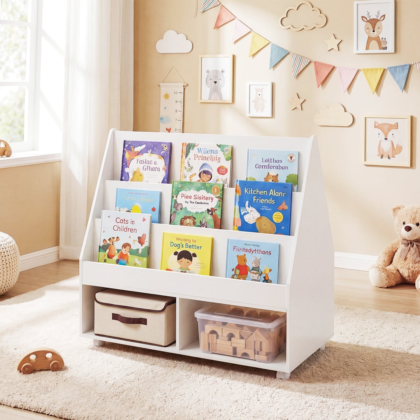 Costway Houten Kinderboekenkast met Wielen en Krijtbord Speelgoedrek met 3 Planken en 2 Vakken Opbergkast 90 x 45,5 x 87 cm