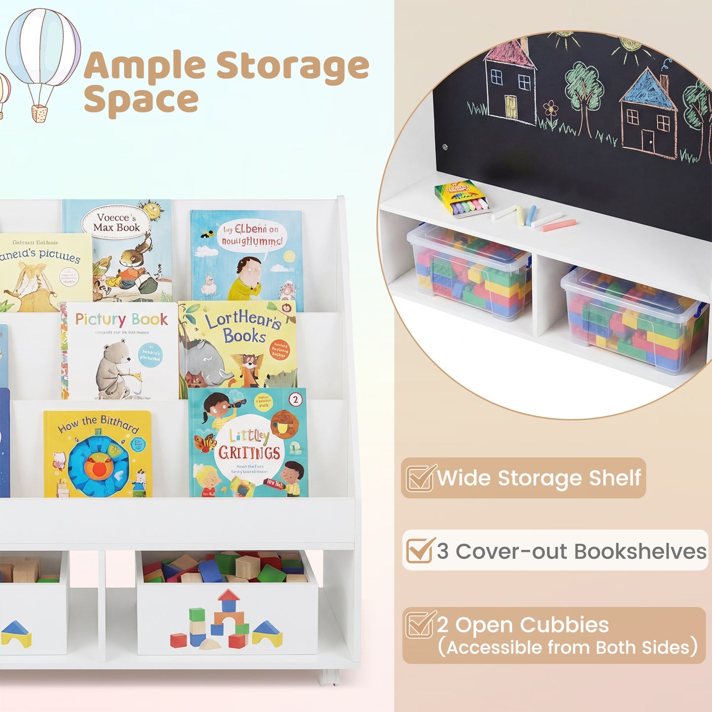 Costway Houten Kinderboekenkast met Wielen en Krijtbord Speelgoedrek met 3 Planken en 2 Vakken Opbergkast 90 x 45,5 x 87 cm