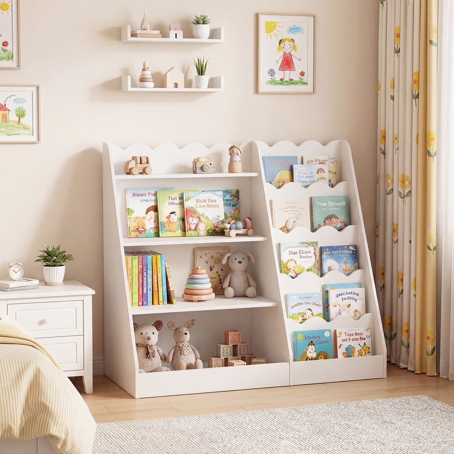 Costway Houten Kinderboekenrek 5 Laags Boekenrek Vrijstaand Kinderrek met Speelgoedrek Houten rek Opbergrek 90×40×80cm