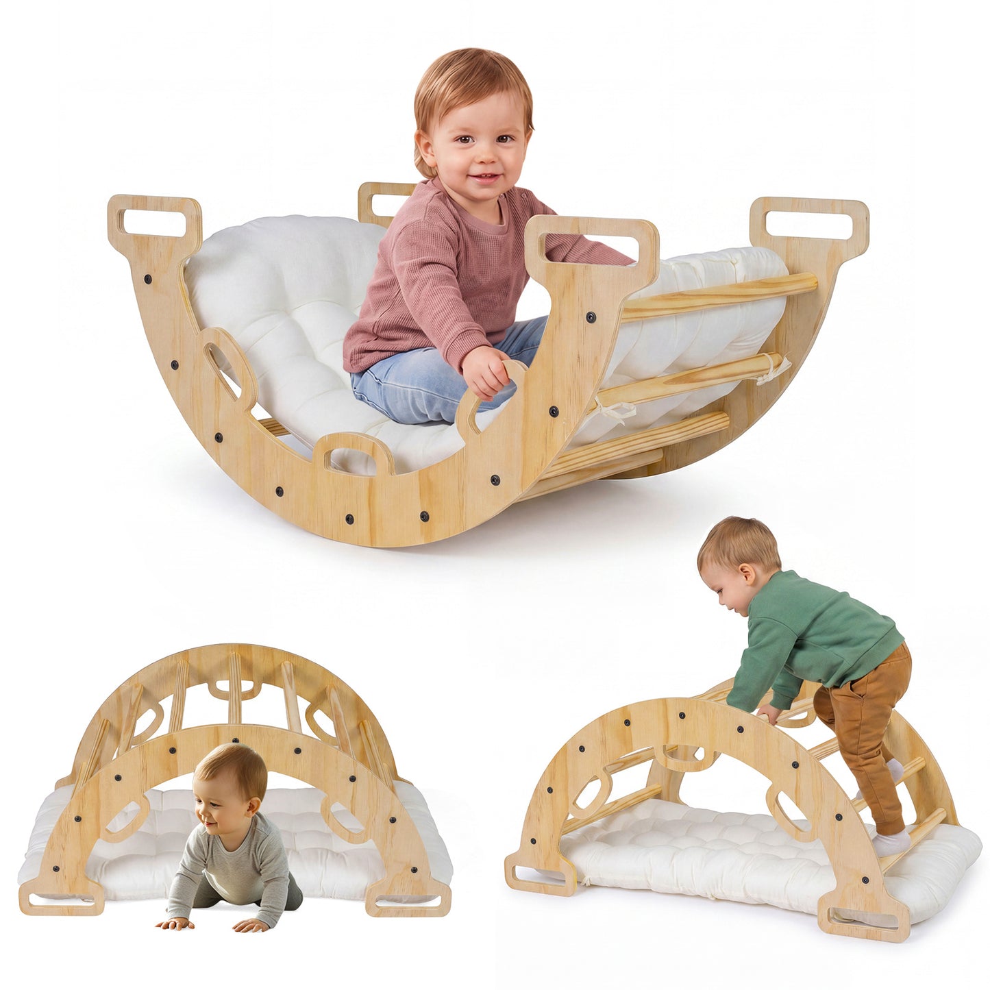 Costway Houten Klimboog Montessori-Klimwip met Zacht kussen Klimdriehoek om op te Wiebelen Naturel