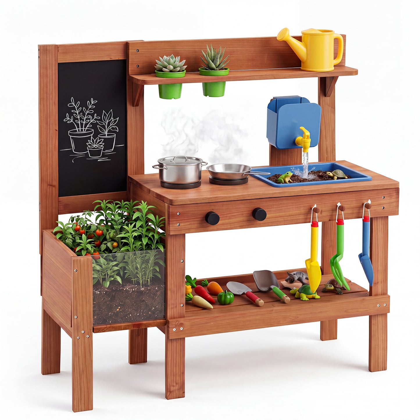 Costway Houten Modderkeuken Kinderkeuken met Plantenbak & Bord Speelkeuken met Watertank Spoelbak & Kraan