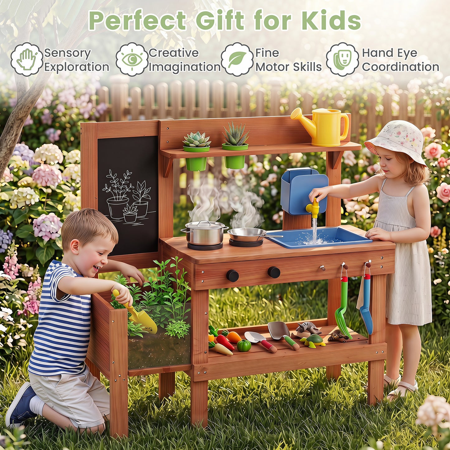 Costway Houten Modderkeuken Kinderkeuken met Plantenbak & Bord Speelkeuken met Watertank Spoelbak & Kraan