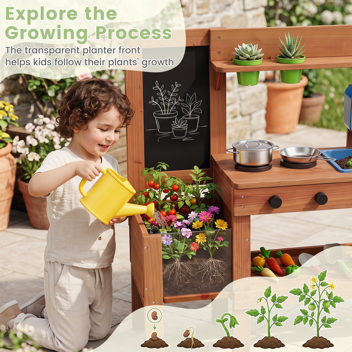 Costway Houten Modderkeuken Kinderkeuken met Plantenbak & Bord Speelkeuken met Watertank Spoelbak & Kraan
