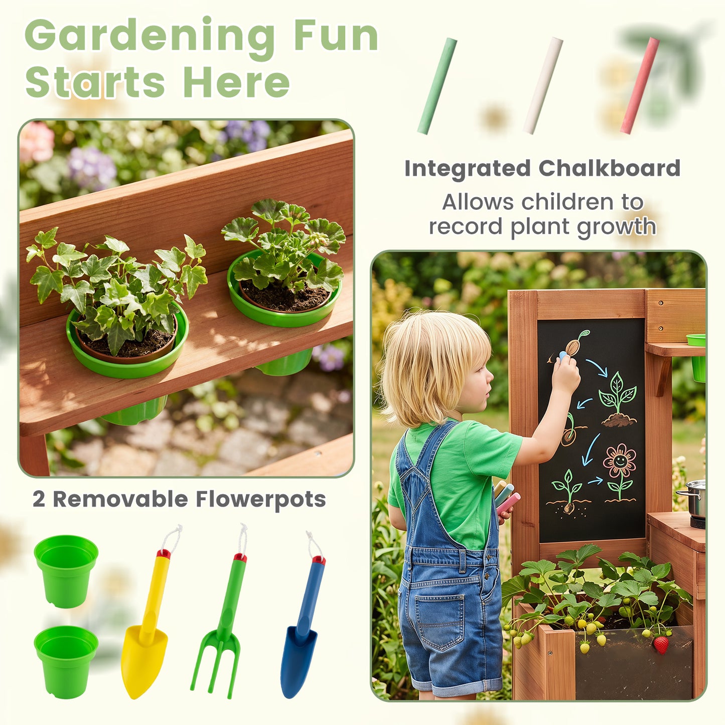 Costway Houten Modderkeuken Kinderkeuken met Plantenbak & Bord Speelkeuken met Watertank Spoelbak & Kraan