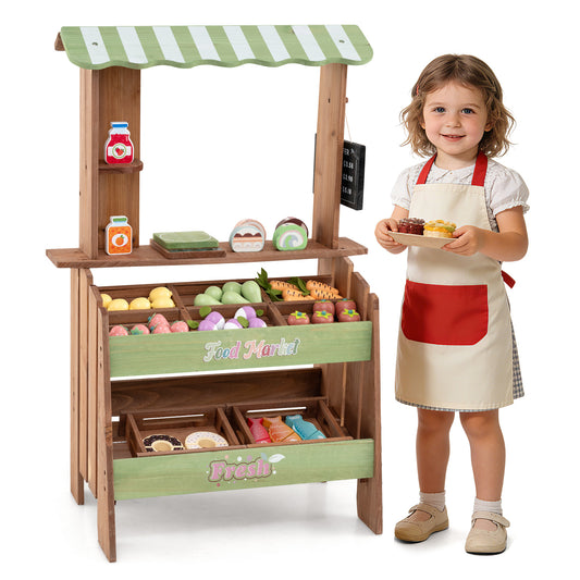 Costway Houten Speelgoed Winkel voor Kinderen met 6 Vakken en 2 Dozen Verkoopstand met Weegschaal Krijtbord en 43 Accessoires