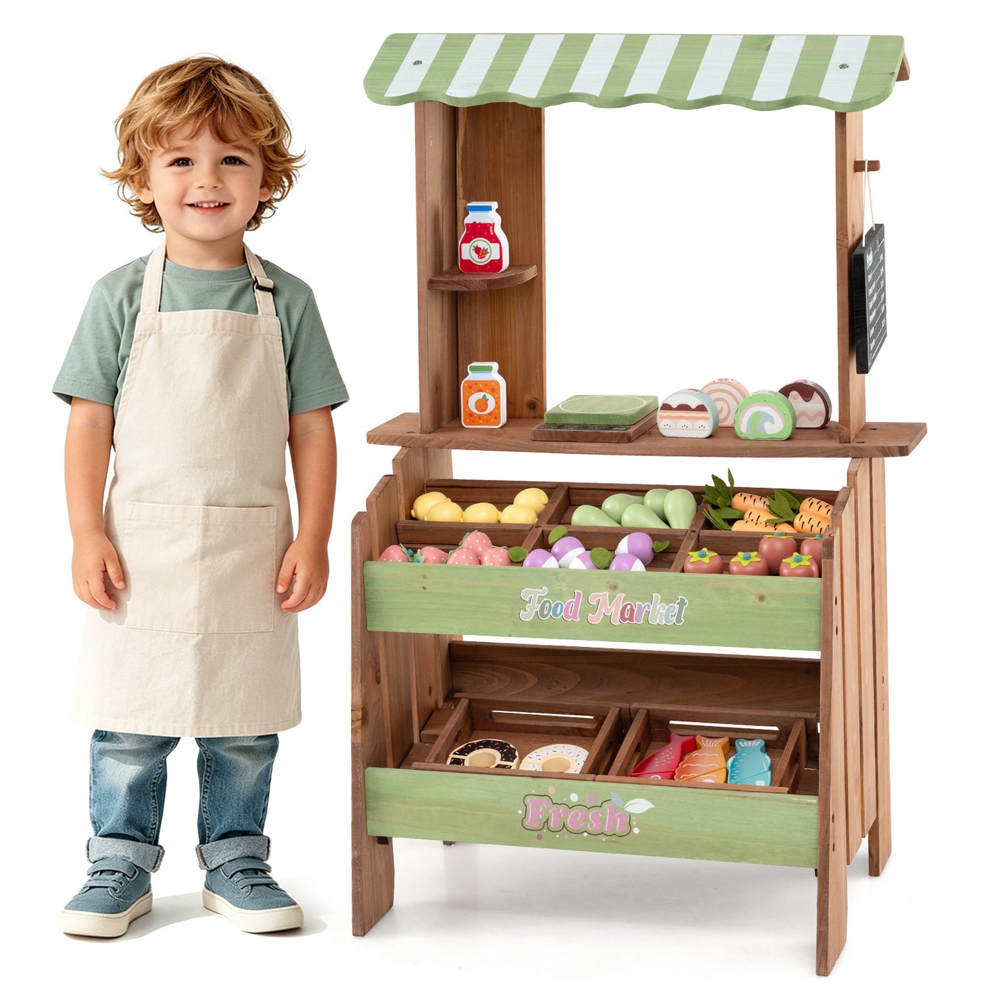 Costway Houten Speelgoed Winkel voor Kinderen met 6 Vakken en 2 Dozen Verkoopstand met Weegschaal Krijtbord en 43 Accessoires
