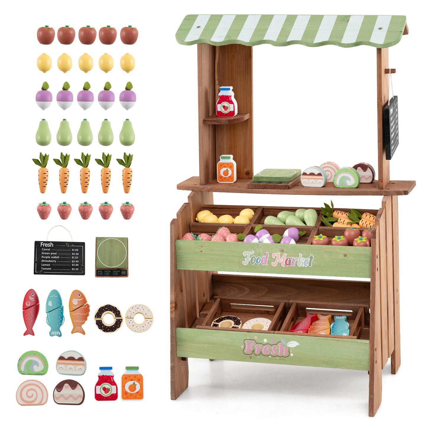 Costway Houten Speelgoed Winkel voor Kinderen met 6 Vakken en 2 Dozen Verkoopstand met Weegschaal Krijtbord en 43 Accessoires