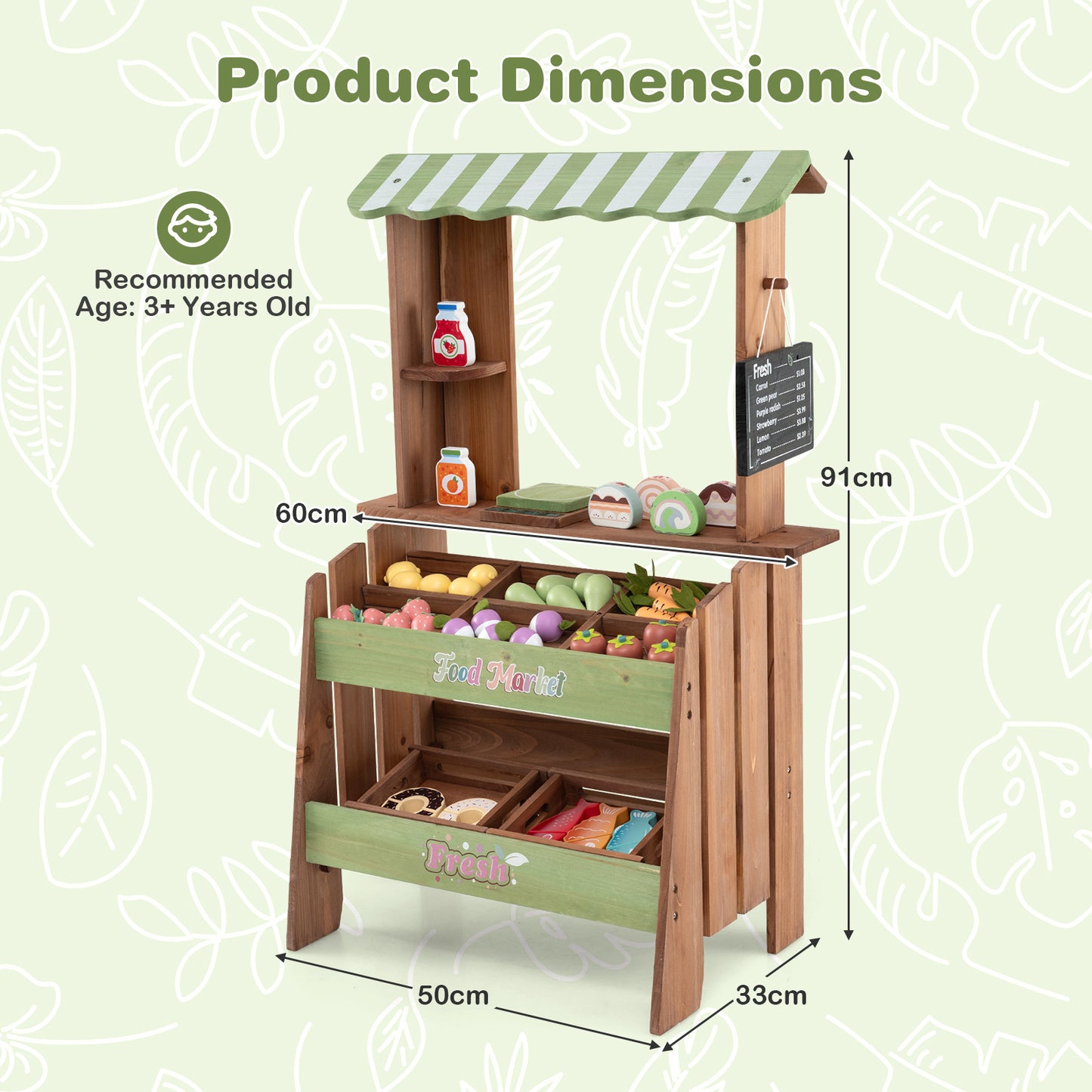 Costway Houten Speelgoed Winkel voor Kinderen met 6 Vakken en 2 Dozen Verkoopstand met Weegschaal Krijtbord en 43 Accessoires