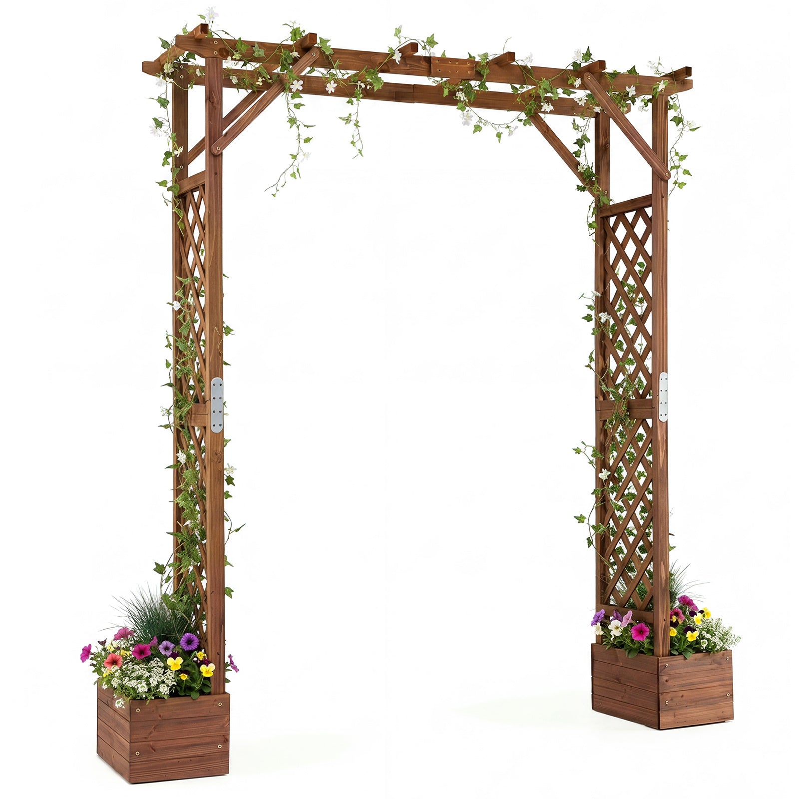Costway Houten Tuinboog met 2 Plantenbakken Rozenboog met Klimrek Decoratieve Poortboog  208 x 55 x 220 cm