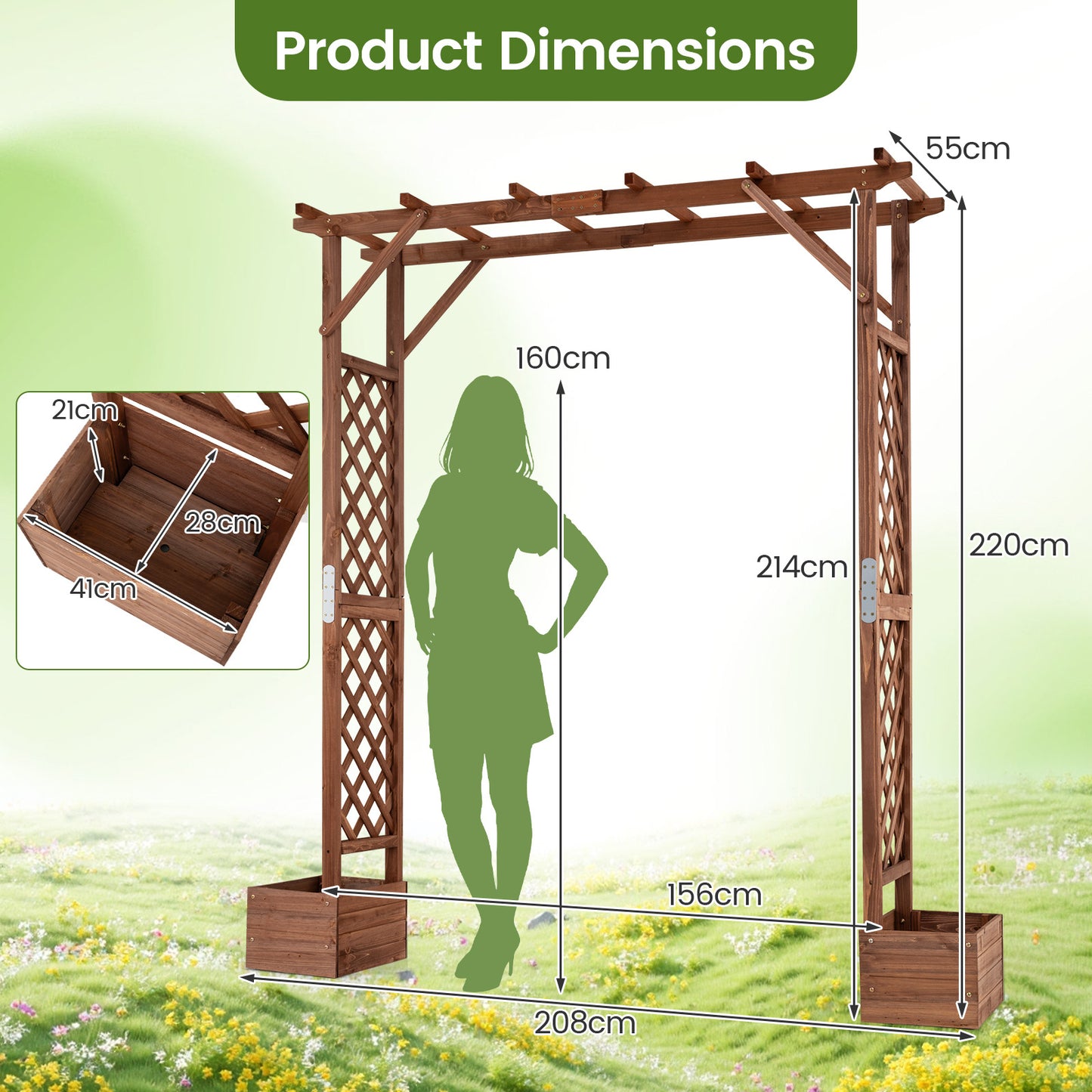 Costway Houten Tuinboog met 2 Plantenbakken Rozenboog met Klimrek Decoratieve Poortboog  208 x 55 x 220 cm