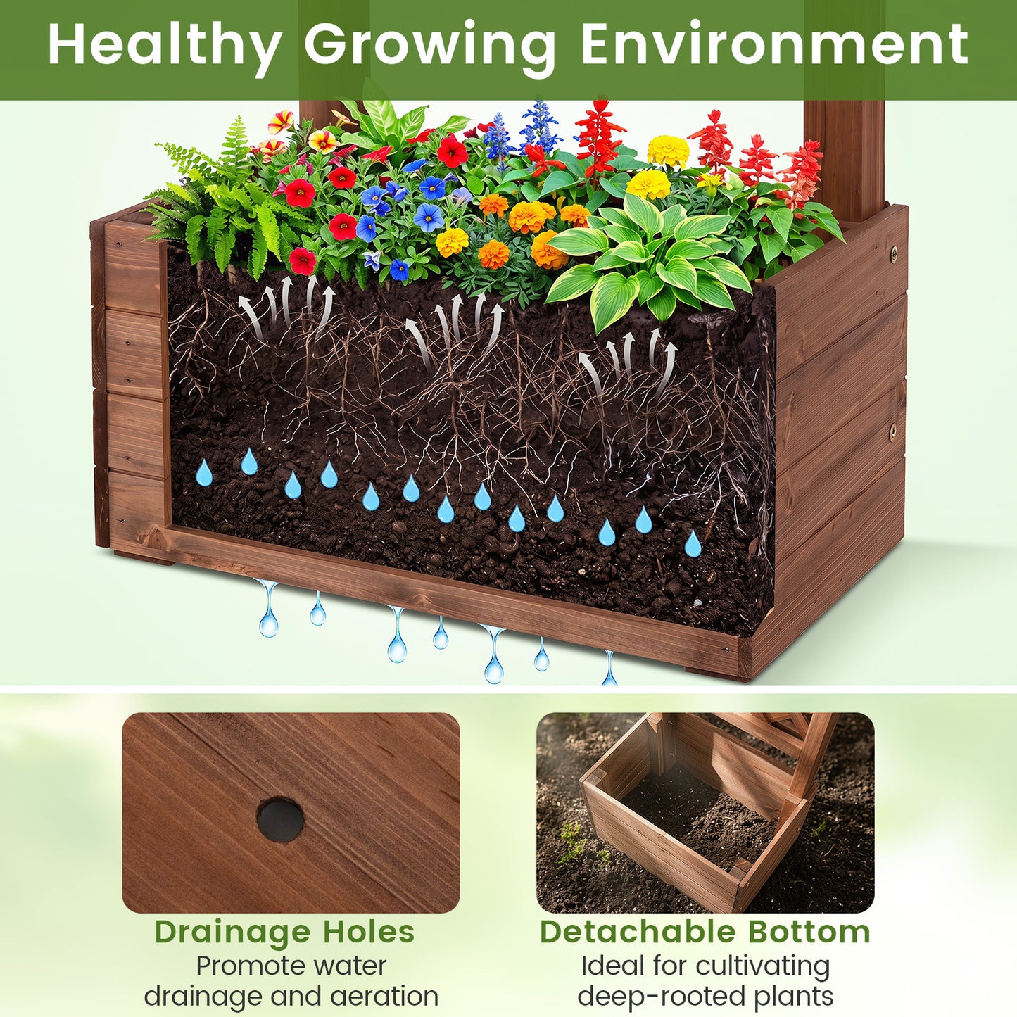Costway Houten Tuinboog met 2 Plantenbakken Rozenboog met Klimrek Decoratieve Poortboog  208 x 55 x 220 cm