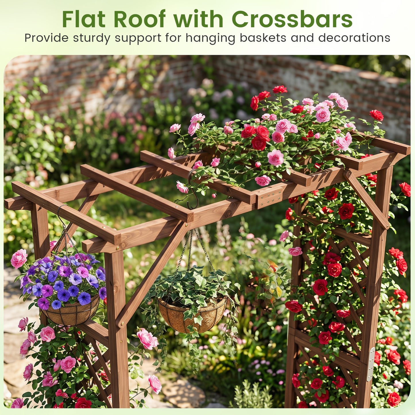 Costway Houten Tuinboog met 2 Plantenbakken Rozenboog met Klimrek Decoratieve Poortboog  208 x 55 x 220 cm