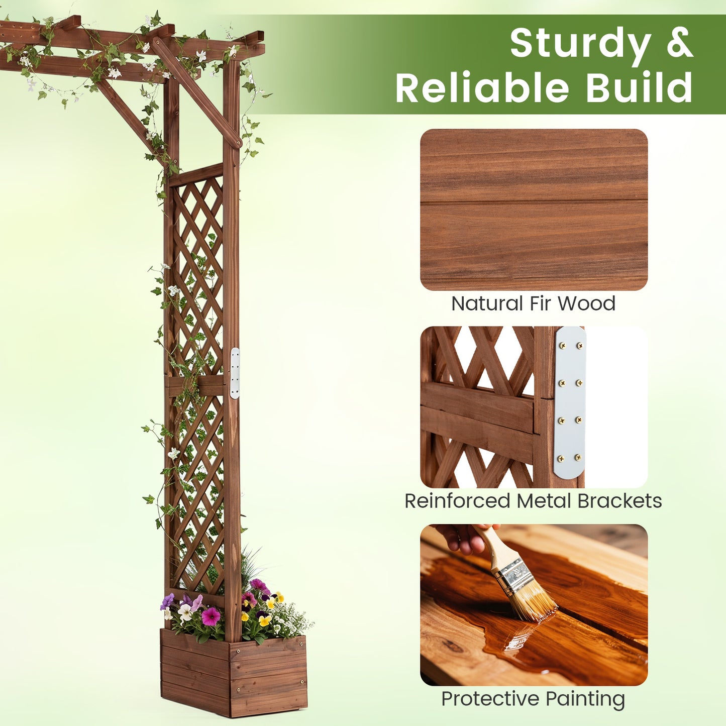 Costway Houten Tuinboog met 2 Plantenbakken Rozenboog met Klimrek Decoratieve Poortboog  208 x 55 x 220 cm