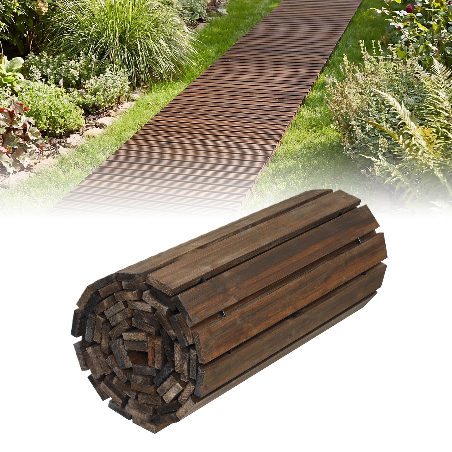 Costway Houten Tuinpad Rolpad voor Buiten met Antislipoppervlak Uitrolbaar Houten Pad Bruin