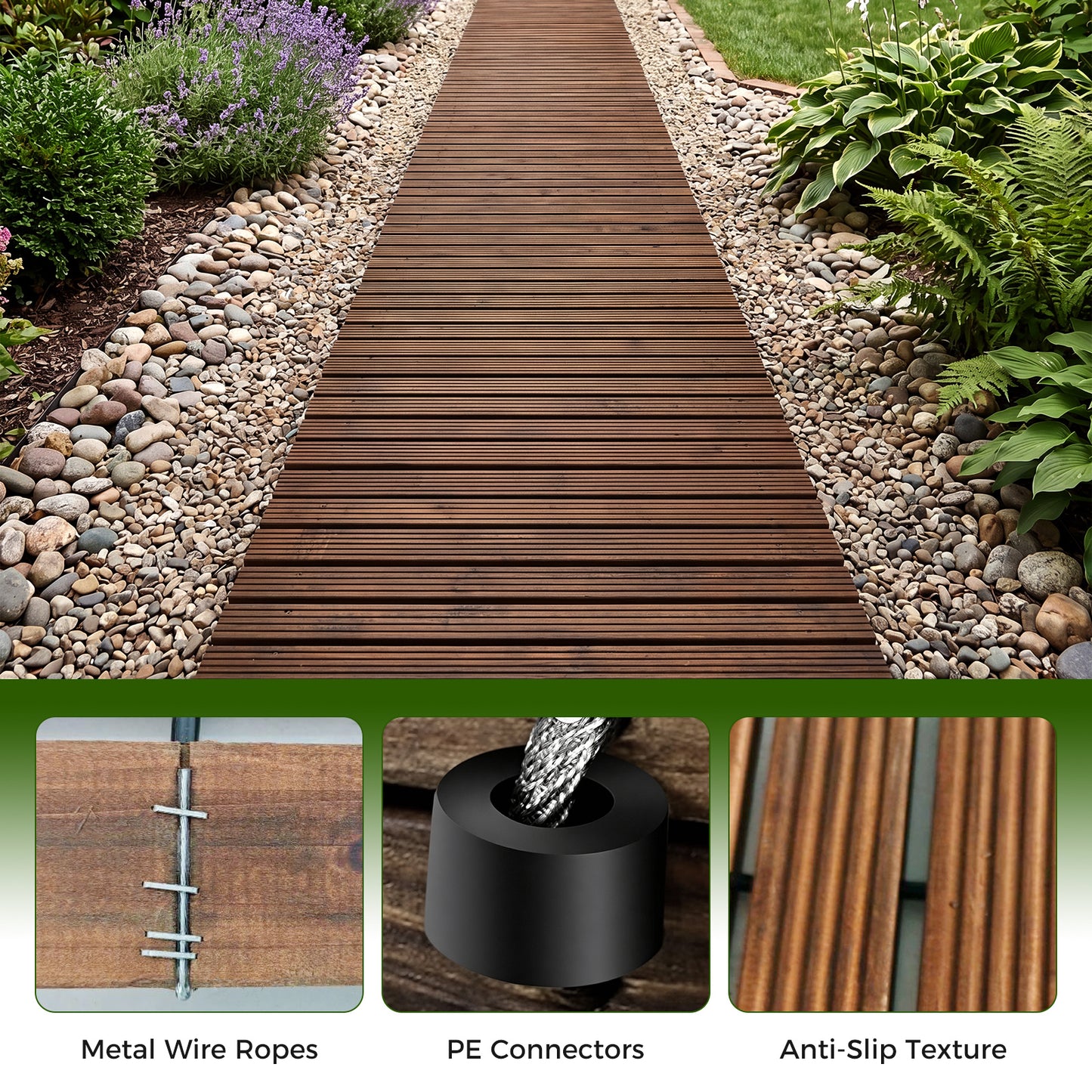 Costway Houten Tuinpad Rolpad voor Buiten met Antislipoppervlak Uitrolbaar Houten Pad Bruin