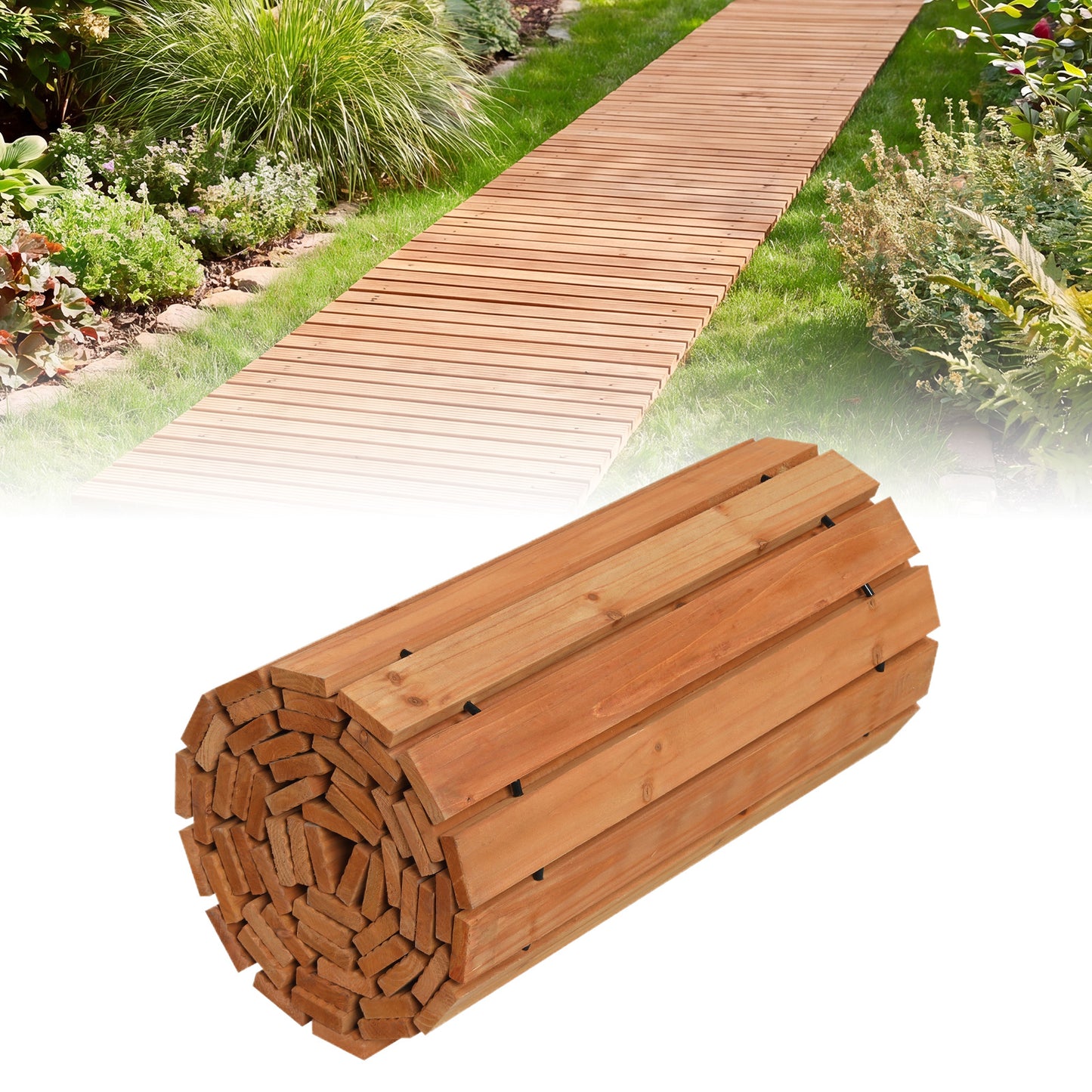 Costway Houten Tuinpad Rolpad voor Buiten met Antislipoppervlak Uitrolbaar Houten Pad Naturel