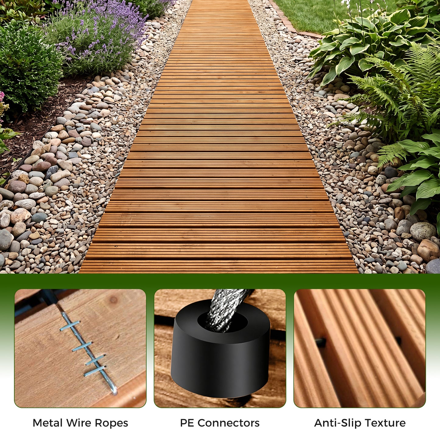 Costway Houten Tuinpad Rolpad voor Buiten met Antislipoppervlak Uitrolbaar Houten Pad Naturel