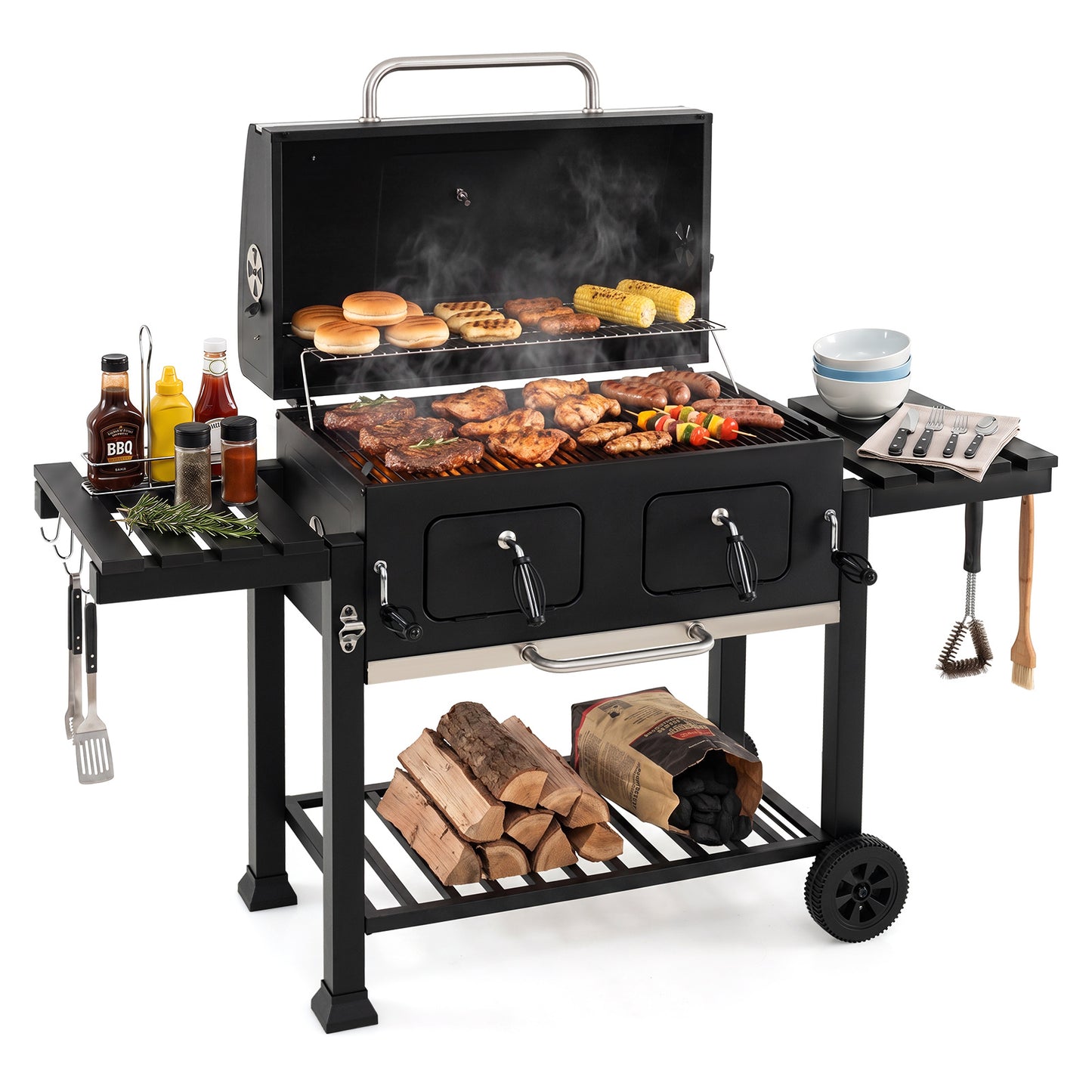 Costway Houtskoolbarbecue met Deksel Barbecuewagen met Wielen en Afdekhoes Kogelbarbecue met Thermometer in het Deksel
