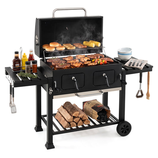 Costway Houtskoolbarbecue met Deksel Barbecuewagen met Wielen en Afdekhoes Kogelbarbecue met Thermometer in het Deksel