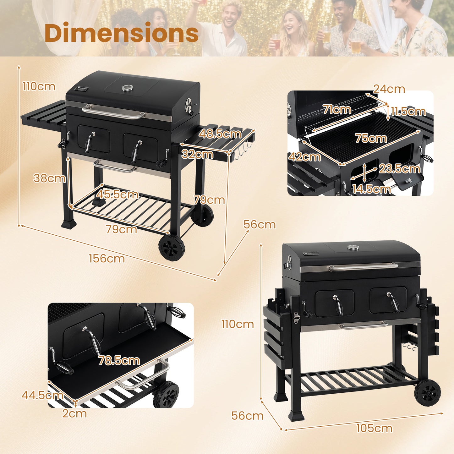 Costway Houtskoolbarbecue met Deksel Barbecuewagen met Wielen en Afdekhoes Kogelbarbecue met Thermometer in het Deksel