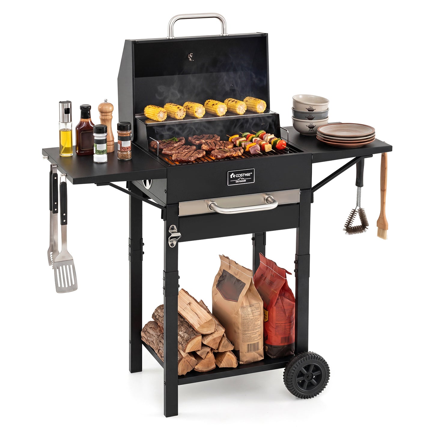Costway Houtskoolbarbecue voor Buiten Barbecuewagen met 2 Zijtafels Grote Rookbarbecue met Thermometer Flesopener en Wieltjes