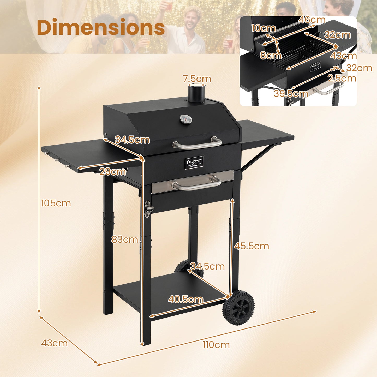 Costway Houtskoolbarbecue voor Buiten Barbecuewagen met 2 Zijtafels Grote Rookbarbecue met Thermometer Flesopener en Wieltjes