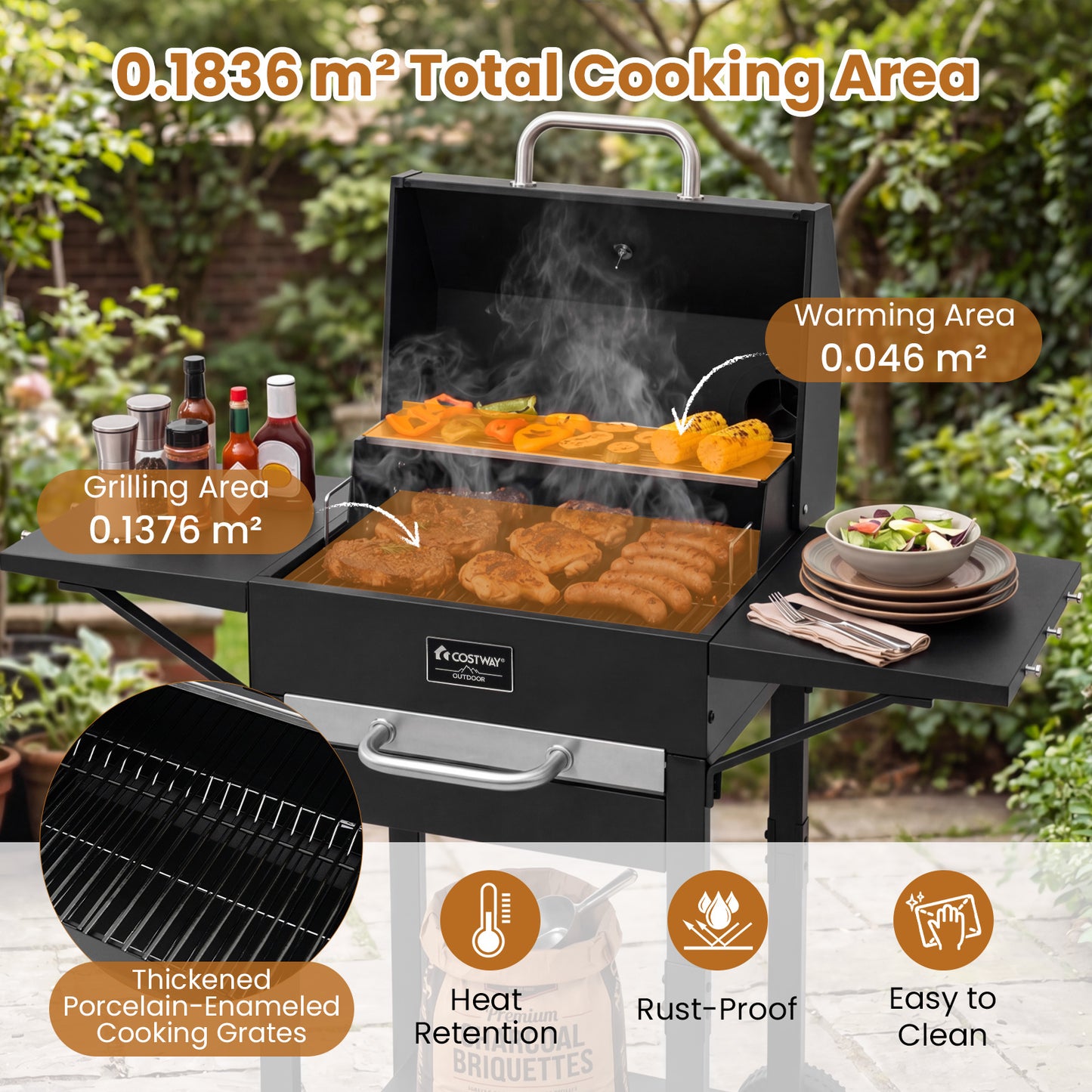 Costway Houtskoolbarbecue voor Buiten Barbecuewagen met 2 Zijtafels Grote Rookbarbecue met Thermometer Flesopener en Wieltjes