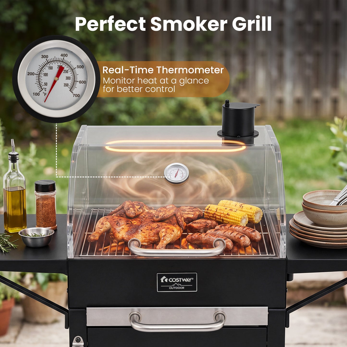 Costway Houtskoolbarbecue voor Buiten Barbecuewagen met 2 Zijtafels Grote Rookbarbecue met Thermometer Flesopener en Wieltjes