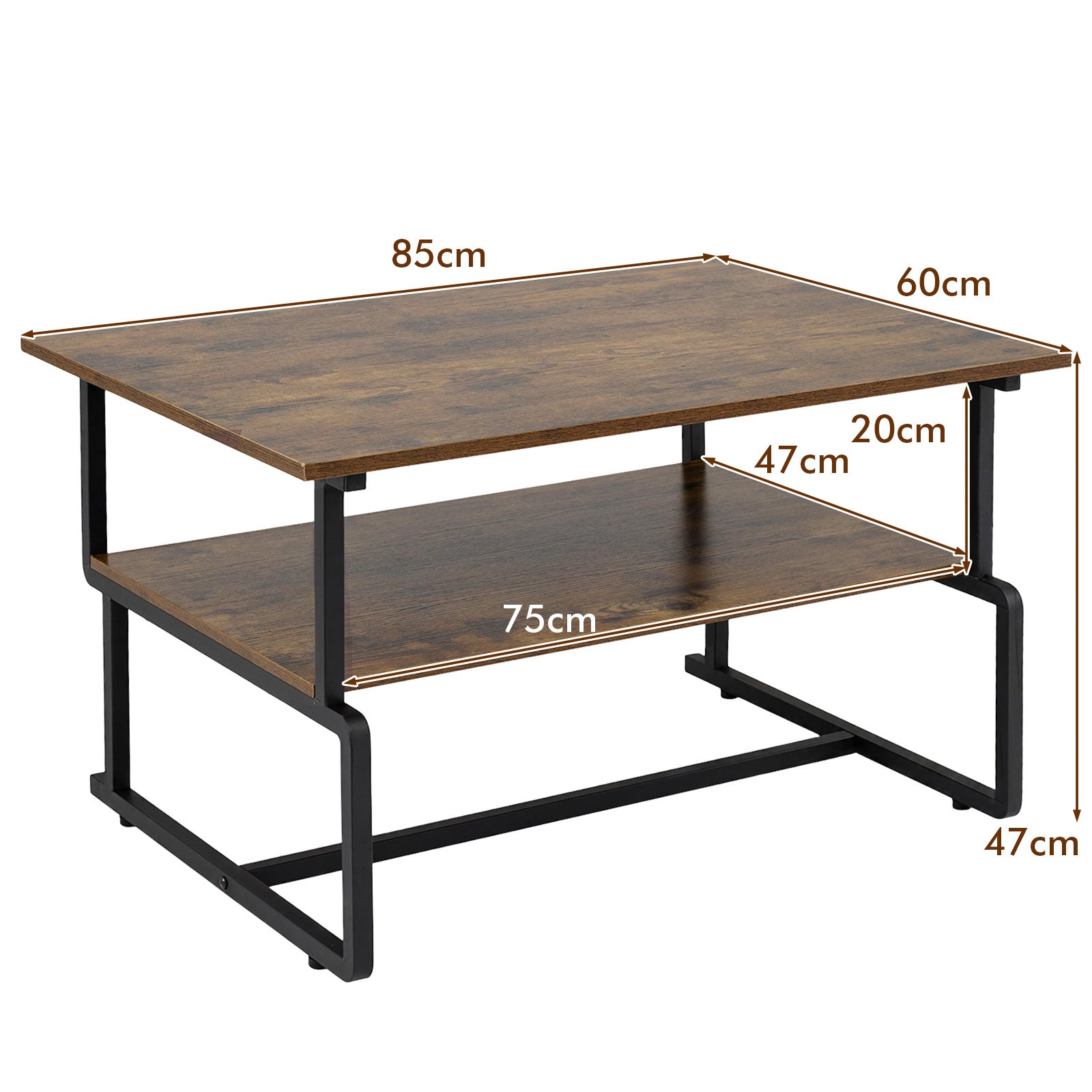 Costway Industriële Salontafel met 2 Niveaus Rechthoekige Salontafel in Loftstijl met Houtnerf-effect 85 x 60 x 47 cm