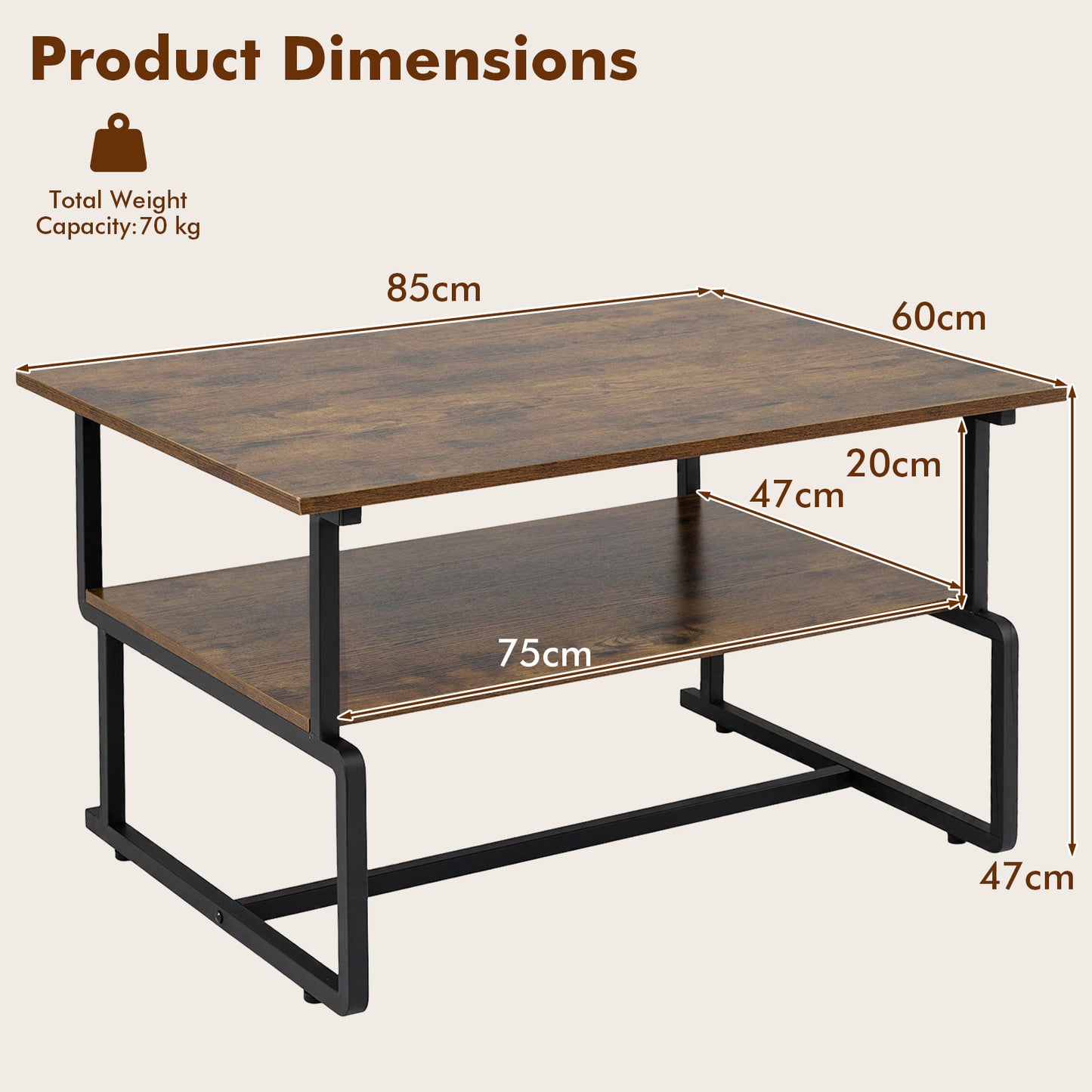 Costway Industriële Salontafel met 2 Niveaus Rechthoekige Salontafel in Loftstijl met Houtnerf-effect 85 x 60 x 47 cm