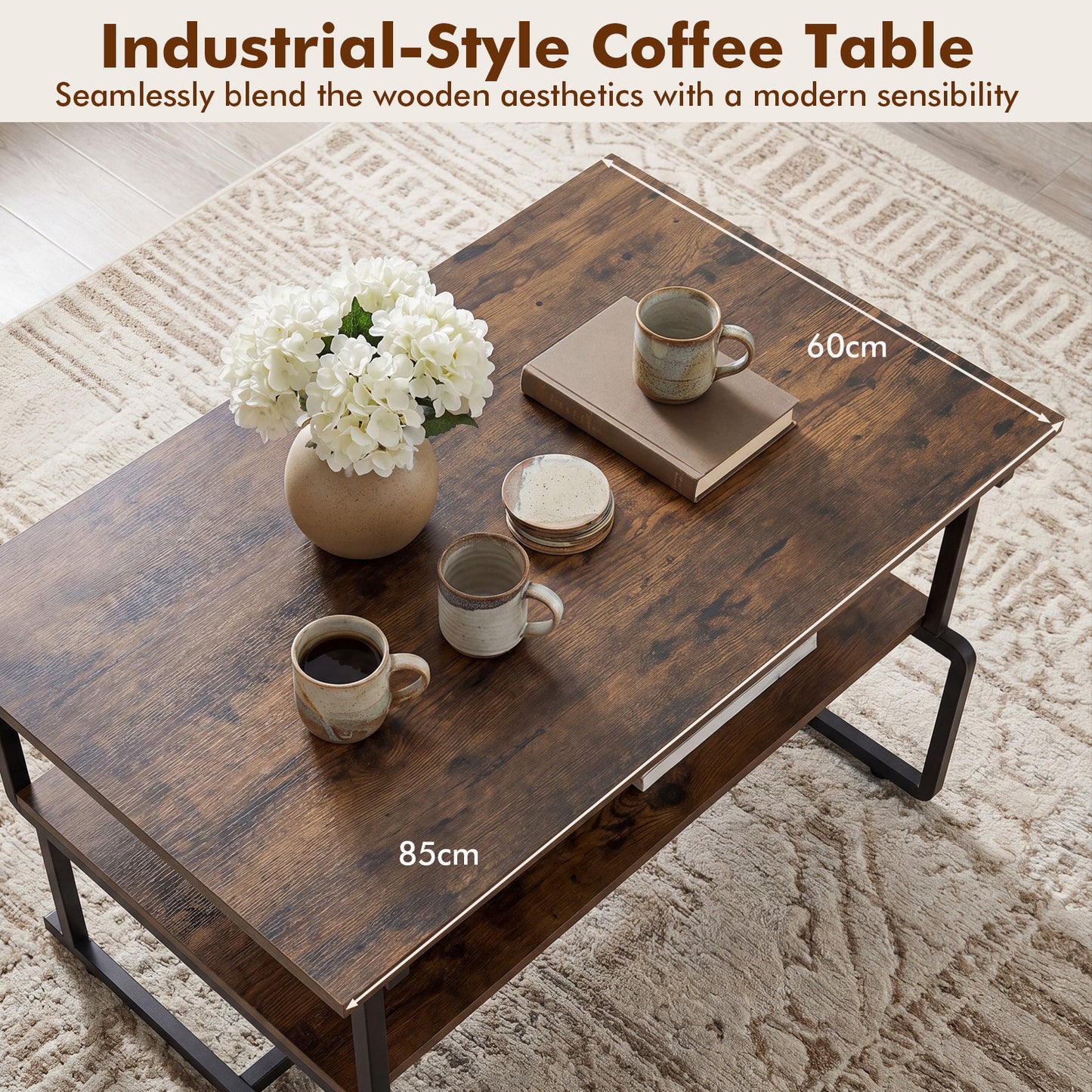 Costway Industriële Salontafel met 2 Niveaus Rechthoekige Salontafel in Loftstijl met Houtnerf-effect 85 x 60 x 47 cm