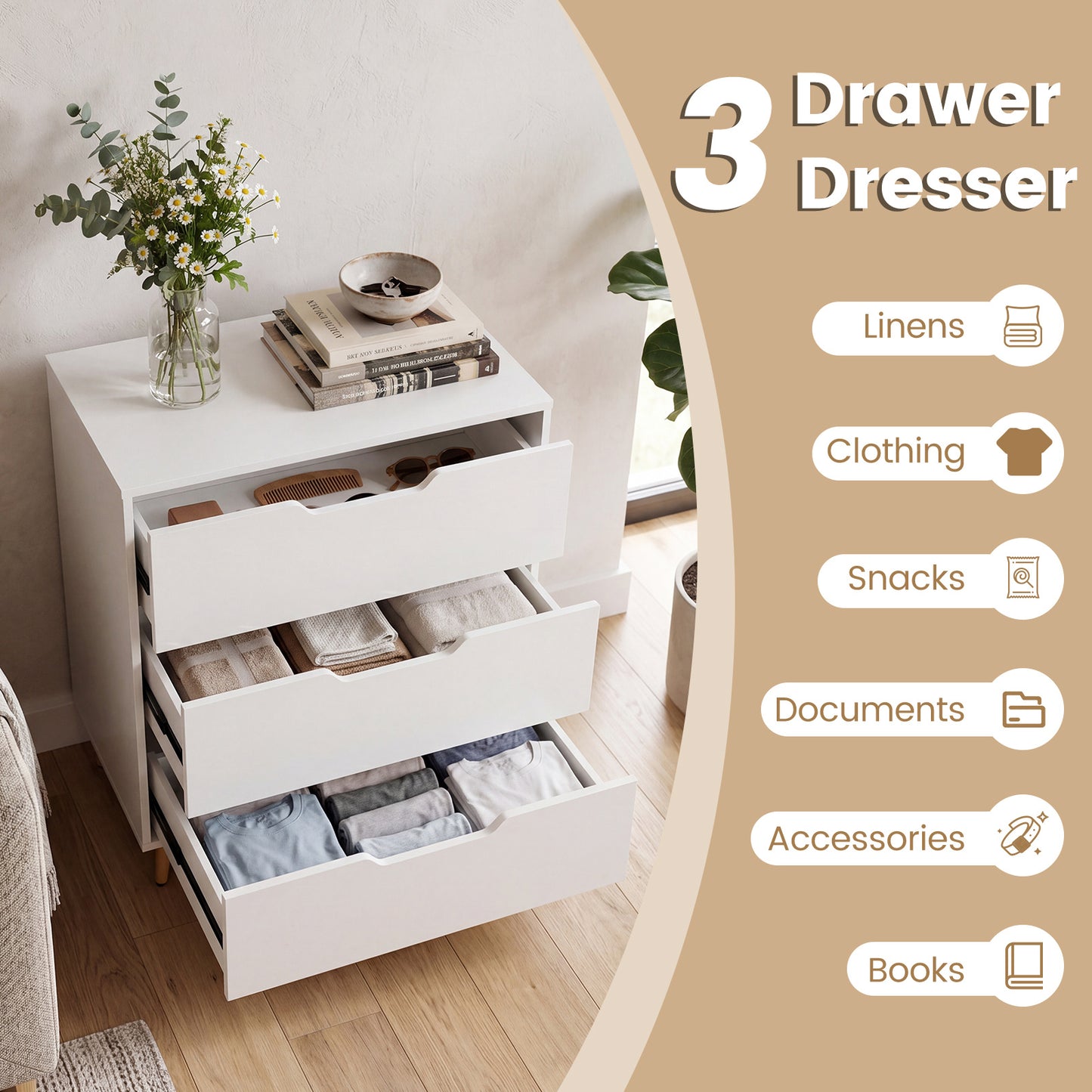 Costway Kast met 3 Lades van Hout Modern Dressoir met Conische Metalen Poten en Kantelbeveiliging Opbergkast en Nachtkastje