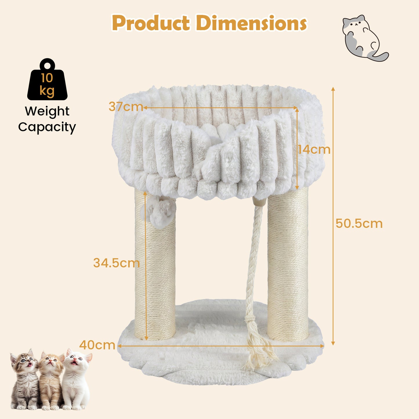 Costway Kattenboom Pluche Krabpaal met Ligplatform & Sisalstammen Klimtoren voor Katten Compacte Kattenkrabpaal 40 x 40 x 50,5 cm Beige