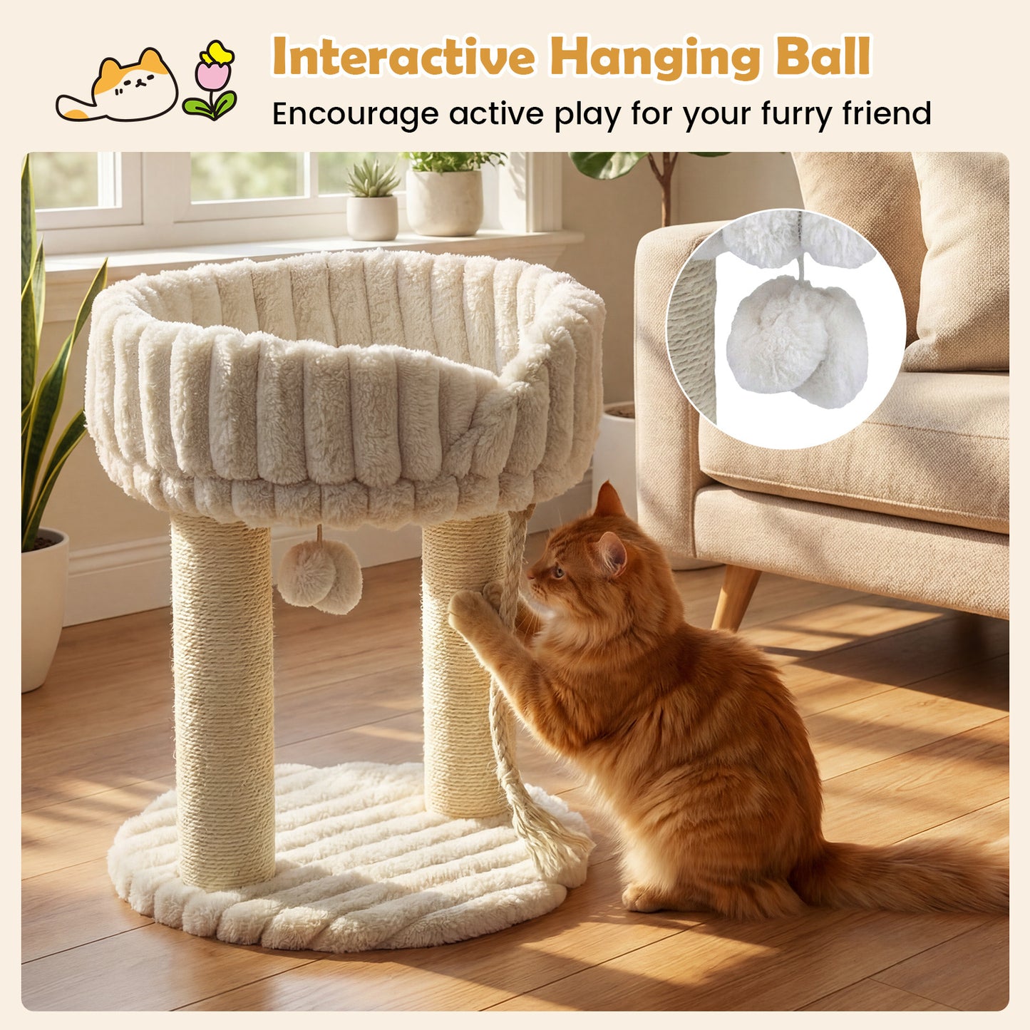 Costway Kattenboom Pluche Krabpaal met Ligplatform & Sisalstammen Klimtoren voor Katten Compacte Kattenkrabpaal 40 x 40 x 50,5 cm Beige